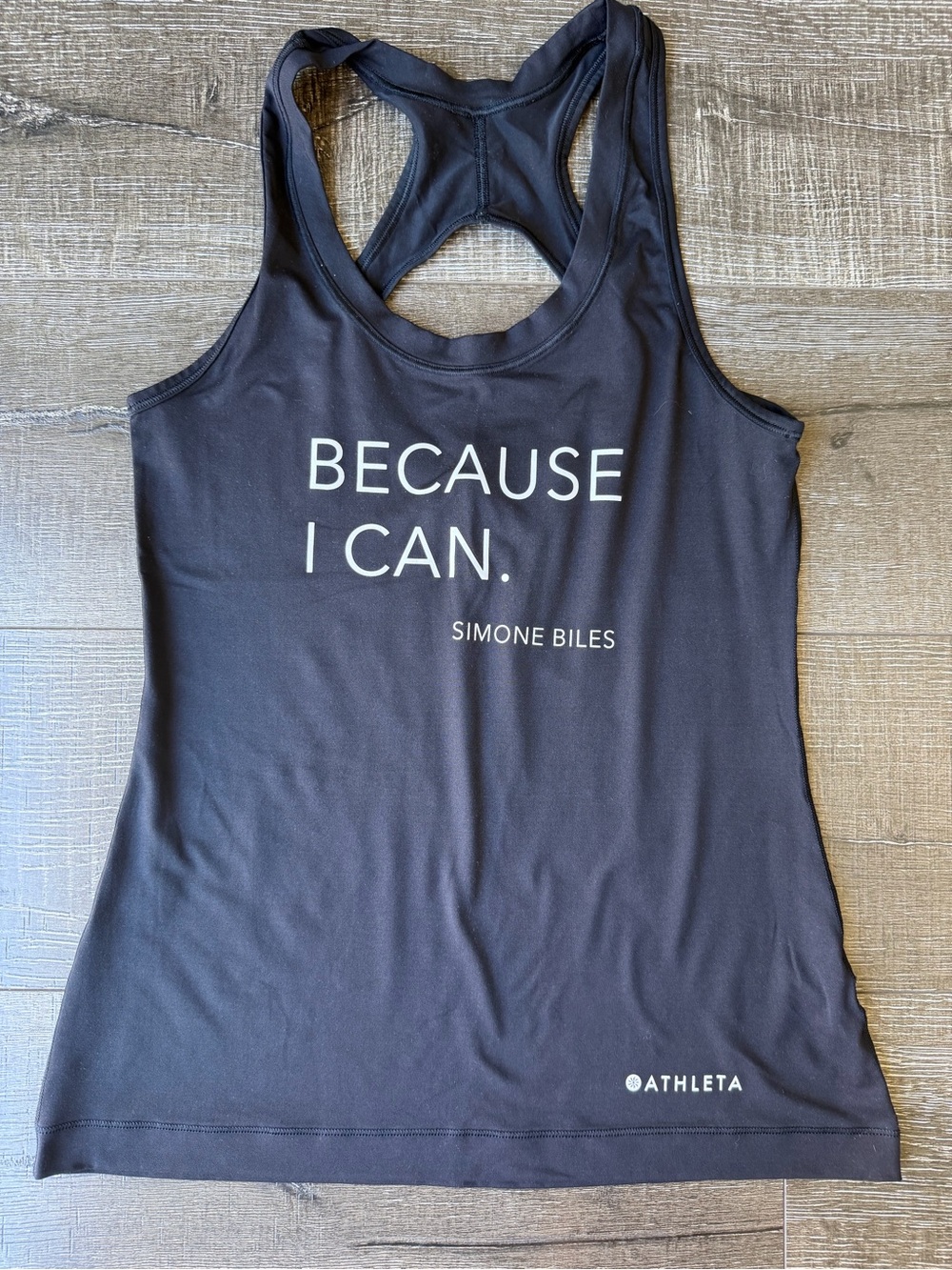 Athleta Black Racerback Nitro Tank with "Because I Can." Simone Biles Graphic S